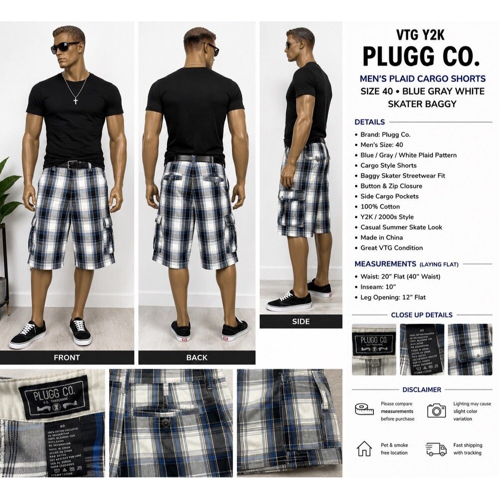 Y2K Vintage Plugg CO Mens Plaid Cargo Shorts Size 40 Blue Gray White Skater
